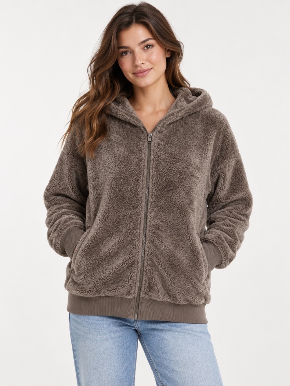 aerie Plush Zip-Up Hooded Teddy Jacket - Taupe Brown small